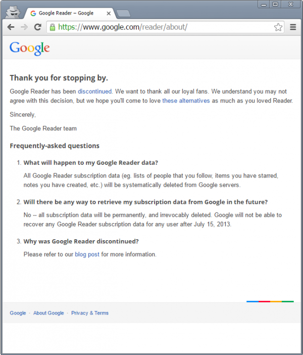 Google Reader закрыт